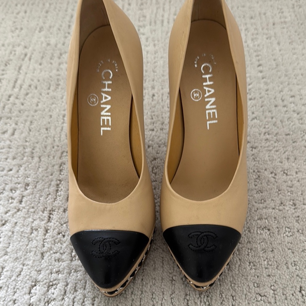 CHANEL Tan and Black Heels Iconic Style